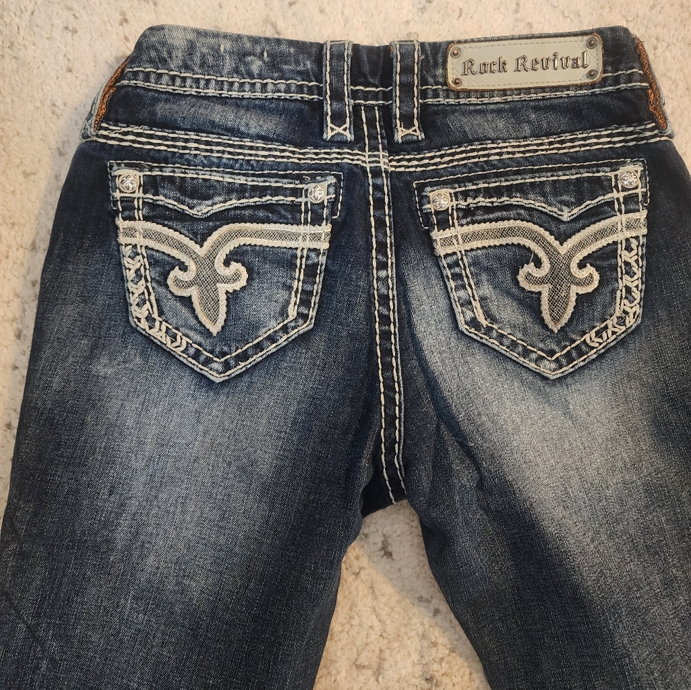 Rock Revival Blue Boot Cut Jeans with White Stitching